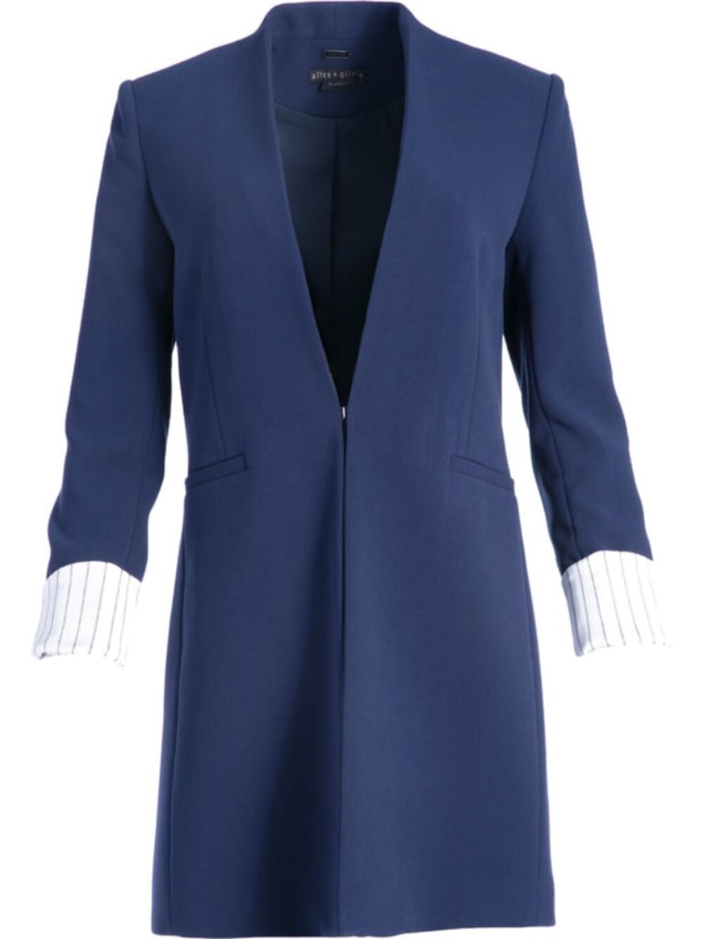 Alice + Olivia Navy Longline Collarless Blazer Striped Cuffs Size 0